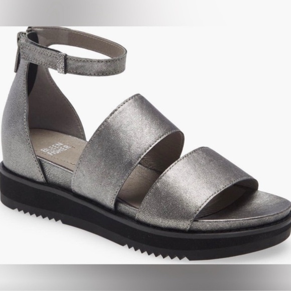 NIB Eileen Fisher Keno Silver Metallic Gray Leather Platform Sandals 7.5 Medium - Picture 1 of 10